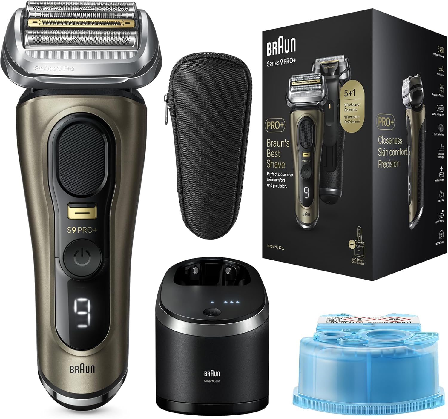 Braun Series 9 Pro+ 9569cc Wet & Dry Shaver, Electric Razor for Men, Pro Shave Elements & Precision Long Hair Trimmer, 6-in-1 SmartCare Center and Travel Case, 60min Battery Runtime – Gold Braun Series 9 Pro+ 9569cc Wet & Dry Shaver, Electric Razor for Men, Pro Shave Elements & Precision Long Hair Trimmer, 6-in-1 SmartCare Center and Travel Case, 60min Battery Runtime - Gold