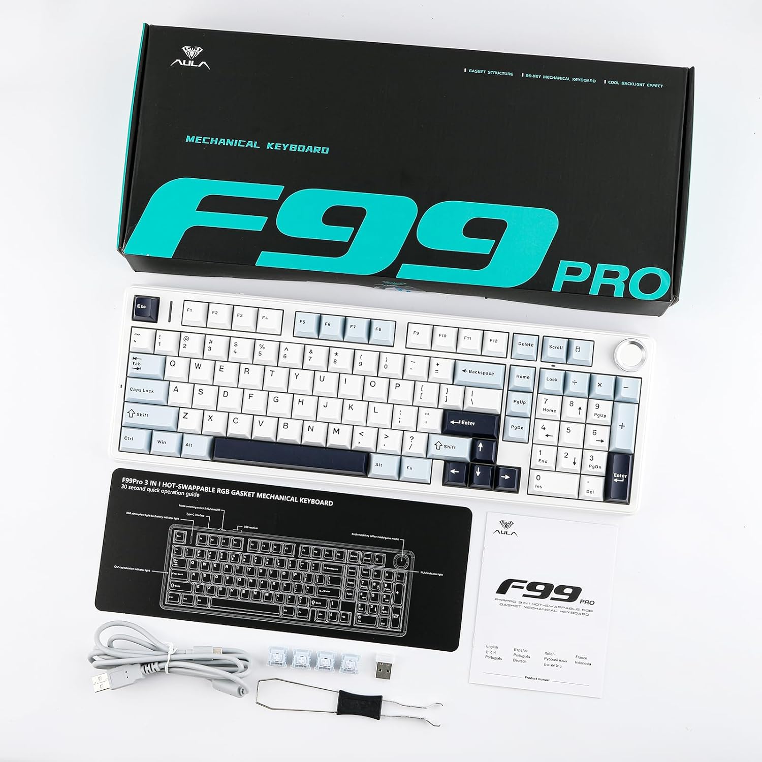 EPOMAKER X AULA F99 PRO Wireless Gaming Keyboard, Hot Swappable Custom Keyboard, 2.4GHz/Type-C/BT5.0 Mechanical Keyboard with 8000mAh Battery, RGB Backlit Gaming Keyboard (Blue&White) EPOMAKER X AULA F99 PRO Wireless Gaming Keyboard, Hot Swappable Custom Keyboard, 2.4GHz/Type-C/BT5.0 Mechanical Keyboard with 8000mAh Battery, RGB Backlit Gaming Keyboard (Blue&White)