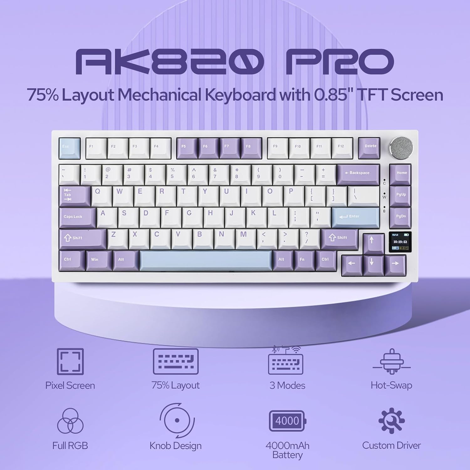 EPOMAKER Ajazz AK820 Pro 75% Gasket-mounted Mechanical Keyboard with TFT Screen, 3 Modes(Bluetooth 5.1/2.4G Wireless & Type-C Wired), Sound Dampening Foams (White Purple, Ajazz Gift Switch)