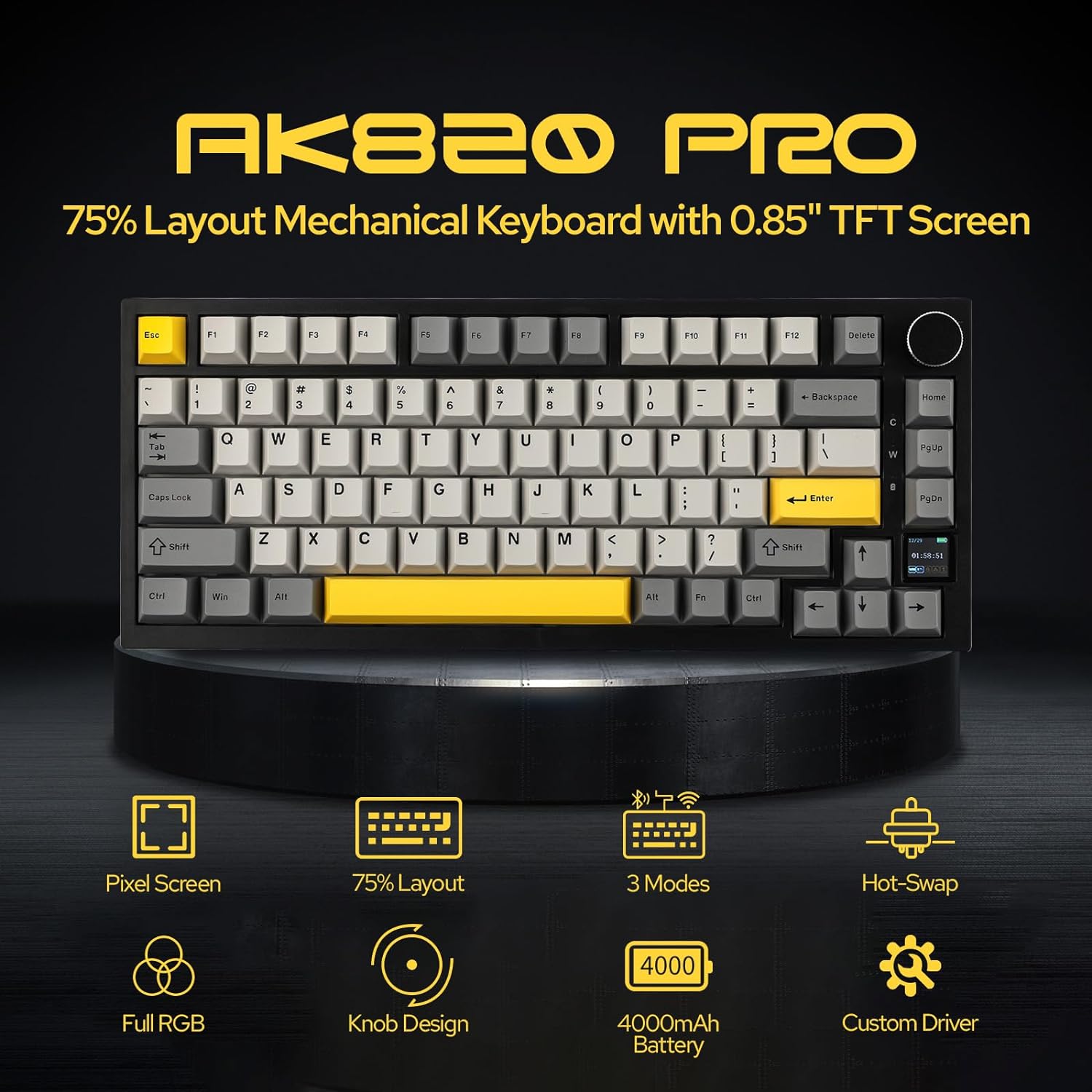 EPOMAKER Ajazz AK820 Pro 75% Gasket-mounted Mechanical Keyboard with TFT Screen, 3 Modes(Bluetooth 5.1/2.4G Wireless & Type-C Wired), Sound Dampening Foams (Grey, Ajazz Gift Switch) EPOMAKER Ajazz AK820 Pro 75% Gasket-mounted Mechanical Keyboard with TFT Screen, 3 Modes(Bluetooth 5.1/2.4G Wireless & Type-C Wired), Sound Dampening Foams (Grey, Ajazz Gift Switch)