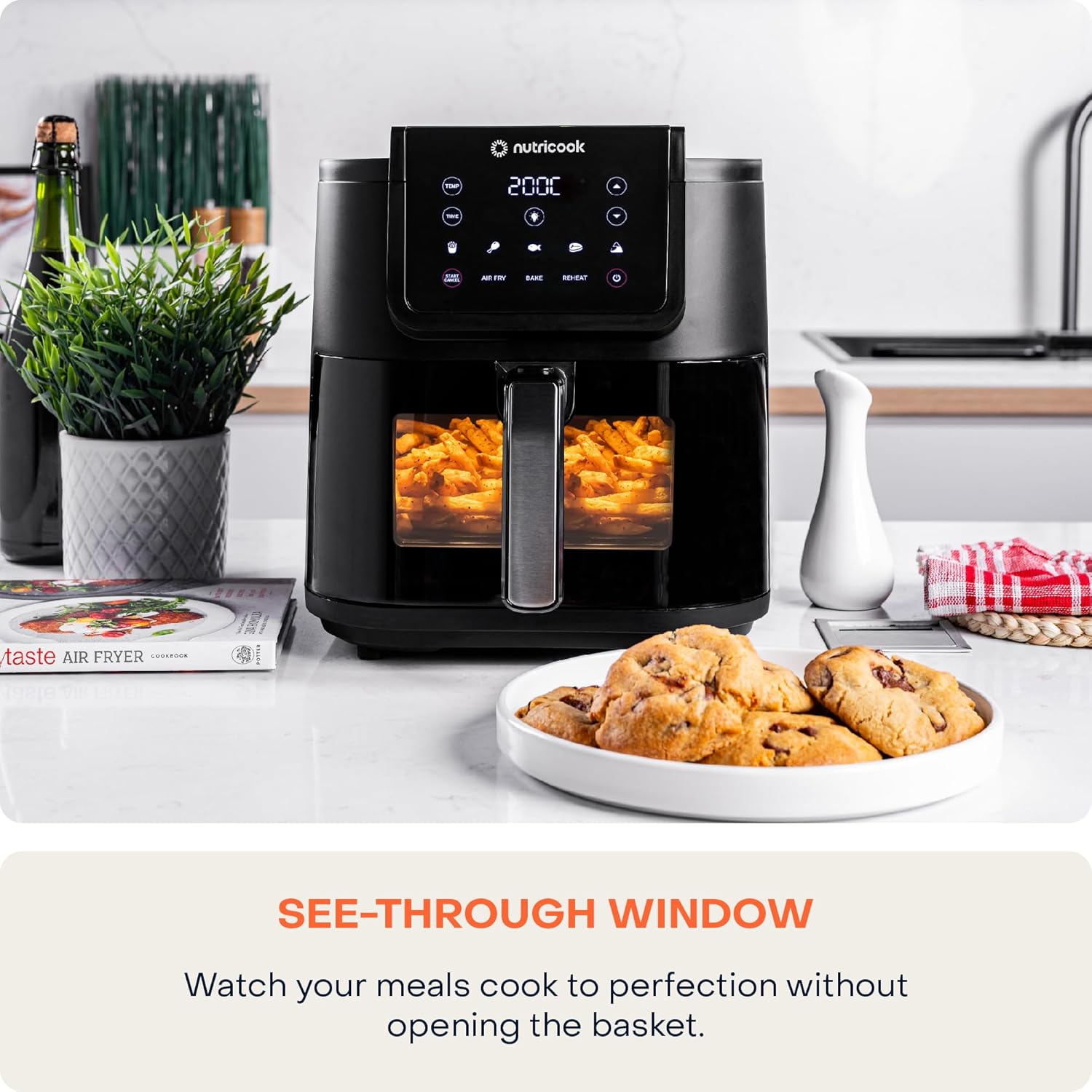 Nutricook Air Fryer Slim XL,7.6L Extra-Large Basket, Space-Saving Slim Design, Air Fry, Bake, Reheat, with 5 Presets, Clear Window & Internal Light, AFS200, Black, 1700 Watts, 2 Years limited Warranty