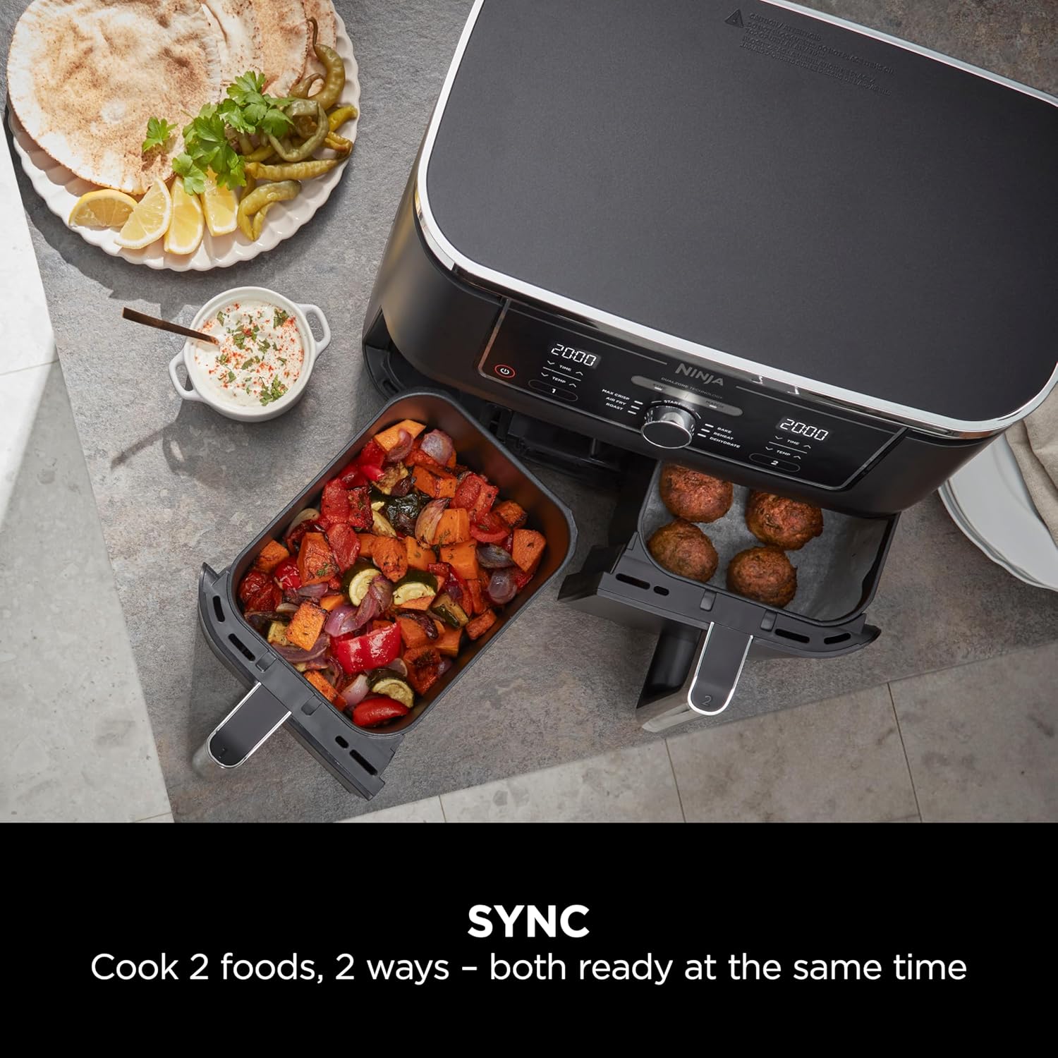 Ninja Foodi MAX Dual Zone Digital Air Fryer, 2 Drawers, 9.5L, 6-in-1, Uses No Oil, Air Fry, Max Crisp, Roast, Bake, Reheat, Dehydrate, Cook 8 Portions, Non-Stick Dishwasher Safe Baskets, Black AF400ME