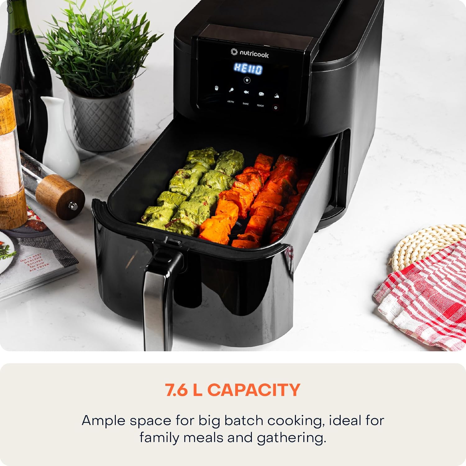 Nutricook Air Fryer Slim XL,7.6L Extra-Large Basket, Space-Saving Slim Design, Air Fry, Bake, Reheat, with 5 Presets, Clear Window & Internal Light, AFS200, Black, 1700 Watts, 2 Years limited Warranty