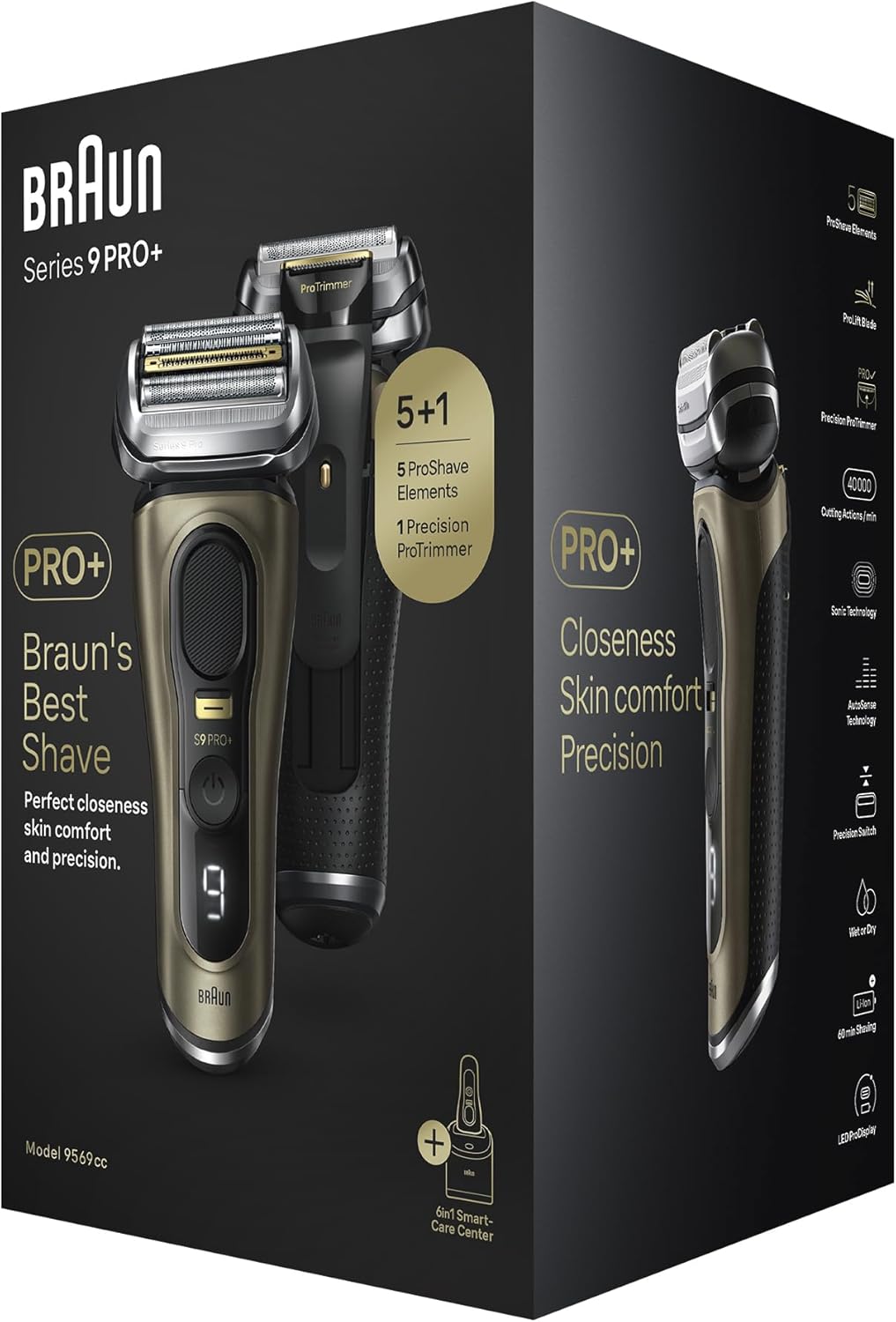 Braun Series 9 Pro+ 9569cc Wet & Dry Shaver, Electric Razor for Men, Pro Shave Elements & Precision Long Hair Trimmer, 6-in-1 SmartCare Center and Travel Case, 60min Battery Runtime - Gold
