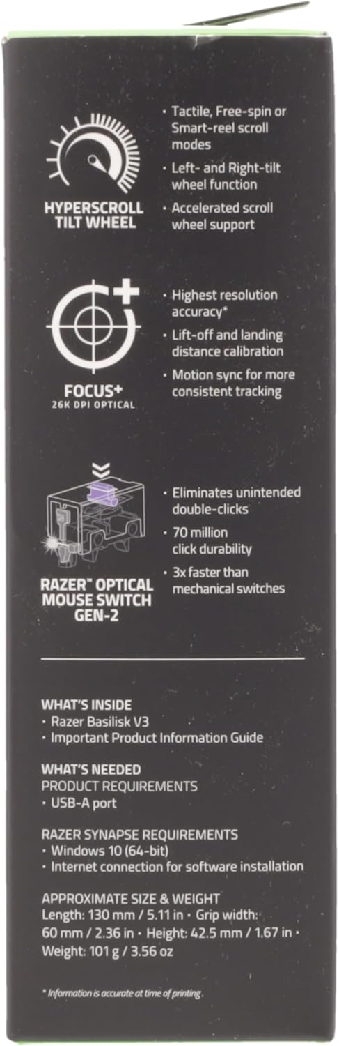 Razer Basilisk V3 Customizable Ergonomic Gaming Mouse: Fastest Mouse Switch - Chroma RGB Lighting 26K DPI Optical Sensor 11 Programmable Buttons HyperScroll Tilt Wheel Classic Black