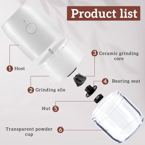 XVersion Coffee Grinder Electric, Electric Coffee Grinder Machine, مطحنة قهوة Coffee Bean Grinder Wireless w/Cleaning Brush and Removable Bowl, Adjustable Grinder Setting and Rechargeable Pearl White