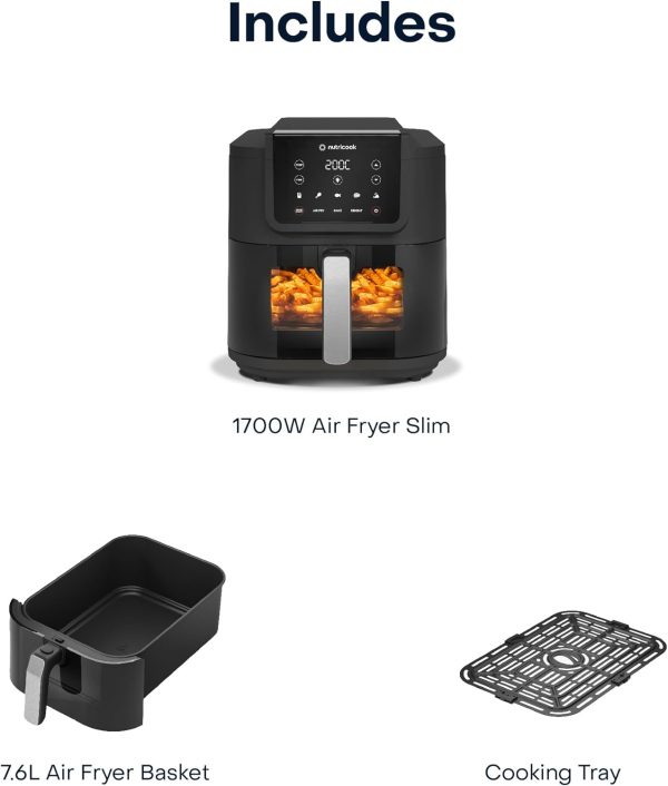 Nutricook Air Fryer Slim XL,7.6L Extra-Large Basket, Space-Saving Slim Design, Air Fry, Bake, Reheat, with 5 Presets, Clear Window & Internal Light, AFS200, Black, 1700 Watts, 2 Years limited Warranty