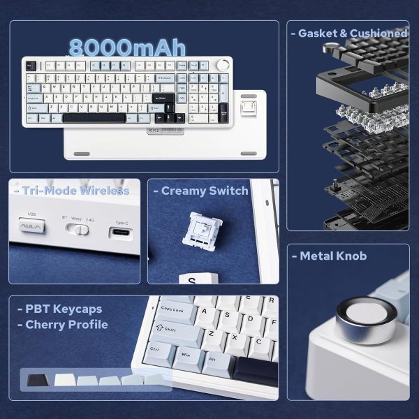 EPOMAKER X AULA F99 PRO Wireless Gaming Keyboard, Hot Swappable Custom Keyboard, 2.4GHz/Type-C/BT5.0 Mechanical Keyboard with 8000mAh Battery, RGB Backlit Gaming Keyboard (Blue&White)