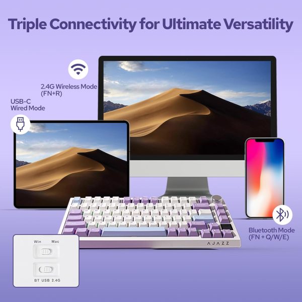 EPOMAKER Ajazz AK820 Pro 75% Gasket-mounted Mechanical Keyboard with TFT Screen, 3 Modes(Bluetooth 5.1/2.4G Wireless & Type-C Wired), Sound Dampening Foams (White Purple, Ajazz Gift Switch)