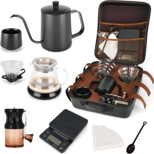 Tzmovqix Pour Over Coffee Maker Set, Coffee Kettle Scale, Coffee Dripper, Bean Grinder, Glass Server, Drip Cup, Filter Paper, All in 1, Traveling Camping Hiking(Manual Coffee Kit)