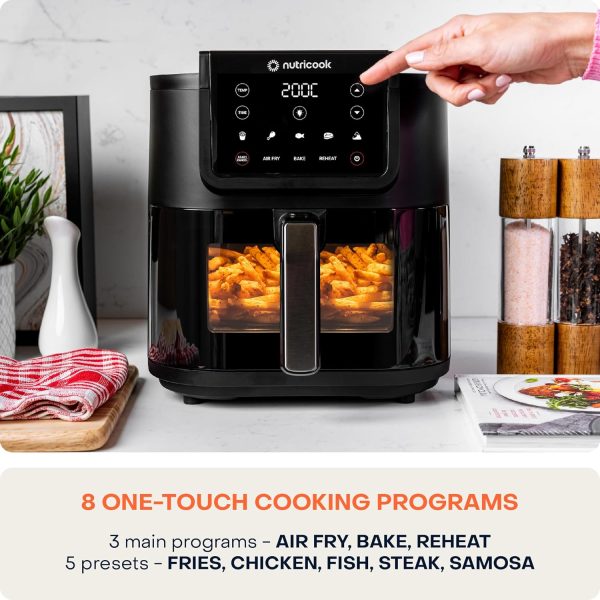 Nutricook Air Fryer Slim XL,7.6L Extra-Large Basket, Space-Saving Slim Design, Air Fry, Bake, Reheat, with 5 Presets, Clear Window & Internal Light, AFS200, Black, 1700 Watts, 2 Years limited Warranty