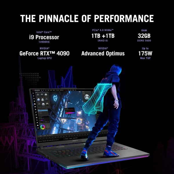 ASUS ROG Strix SCAR 18 G834JYR-R6044W Off Black, Gaming Laptop, i9-14900HX, 32GB, 2TB Performance SSD, NV RTX4090, WIN11 HOME, 18 inch QHD 240Hz, Webcam, RGB-Eng-Arb-KB + ROG Backpack + Gaming Mouse