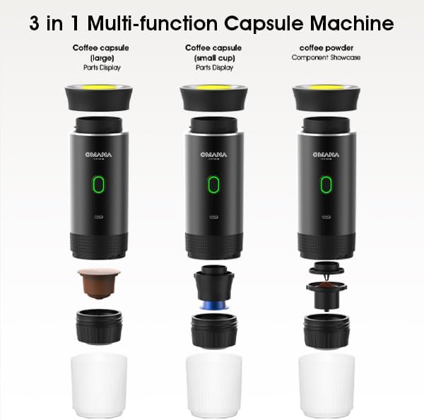 Omana 3-in-1 Portable Coffee Machine Wireless Electric Self Heating Capsules Pods Espresso for Car Home Office Camping Travel Maker 3in1