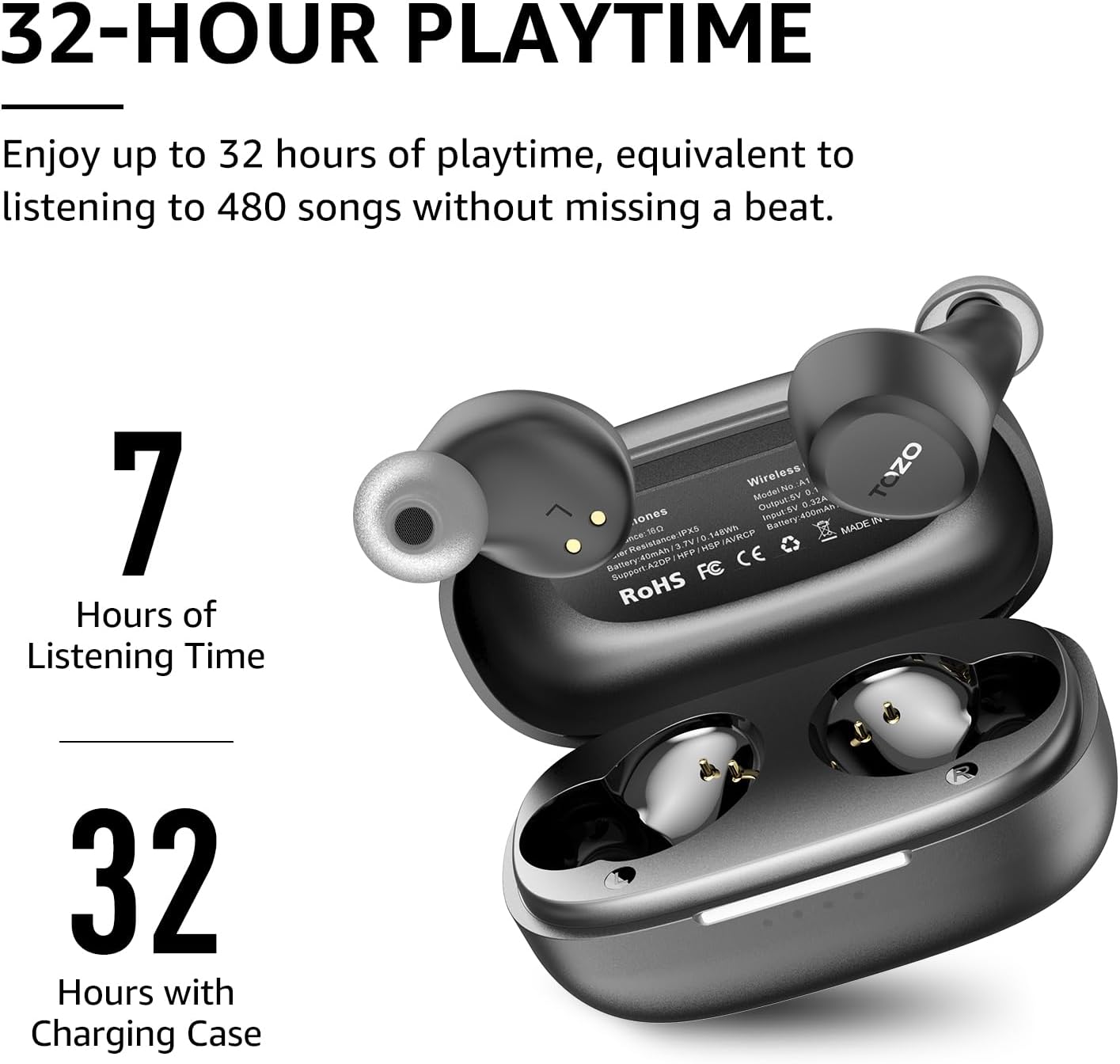 TOZO A1 Wireless Bluetooth Headphones, Lightweight Bluetooth 5.3 Headphones, IPX5 Wireless Bluetooth Headset with High Fidelity Sound, Charging Case, Touch Control Black