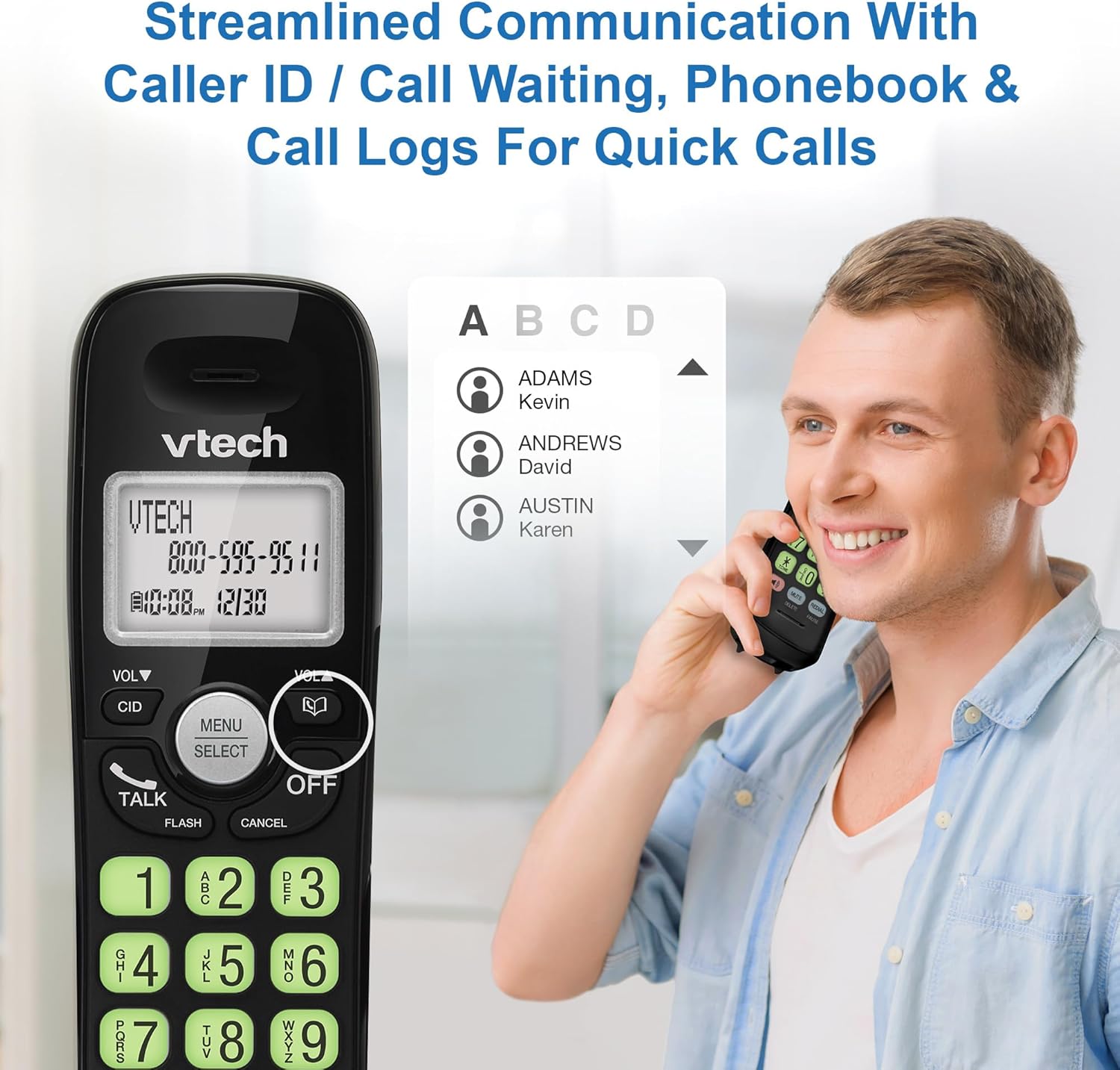 VTech [New] VG131-11 DECT 6.0 Cordless Phone - Bluetooth Connection, Blue-White Display, Big Buttons, Full Duplex, Caller ID, Easy Wall Mount, 1000ft Range (Black)