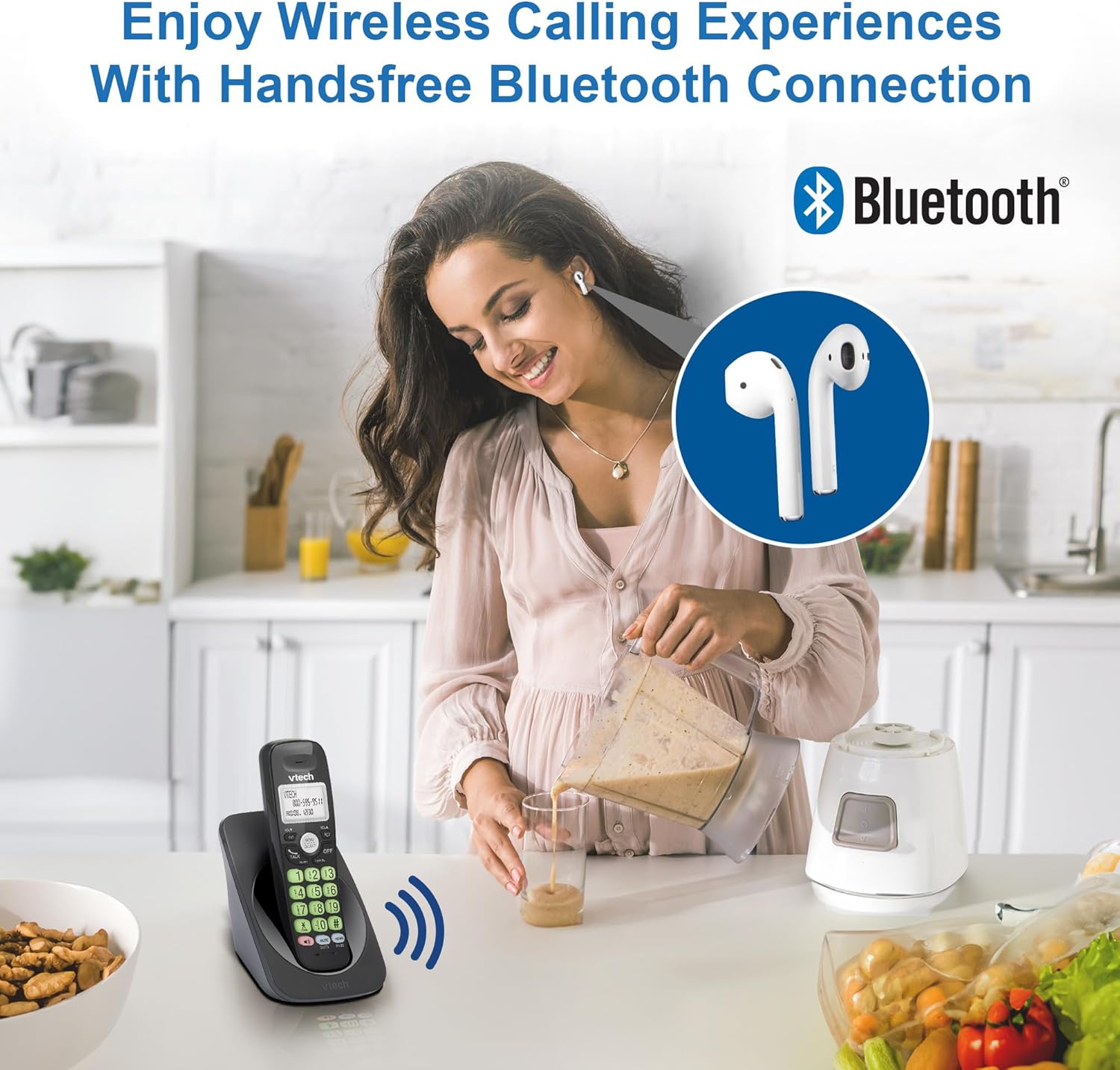 VTech [New] VG131-11 DECT 6.0 Cordless Phone - Bluetooth Connection, Blue-White Display, Big Buttons, Full Duplex, Caller ID, Easy Wall Mount, 1000ft Range (Black)
