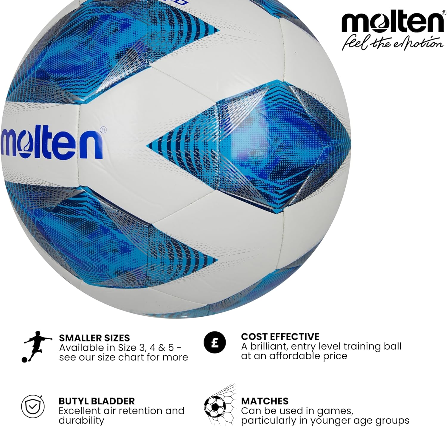 Molten Vantaggio Football, Superior Function And Design, Ultimate Ball Visibility, For Adults & Kids, 1000 Training Ball, Blue Flame