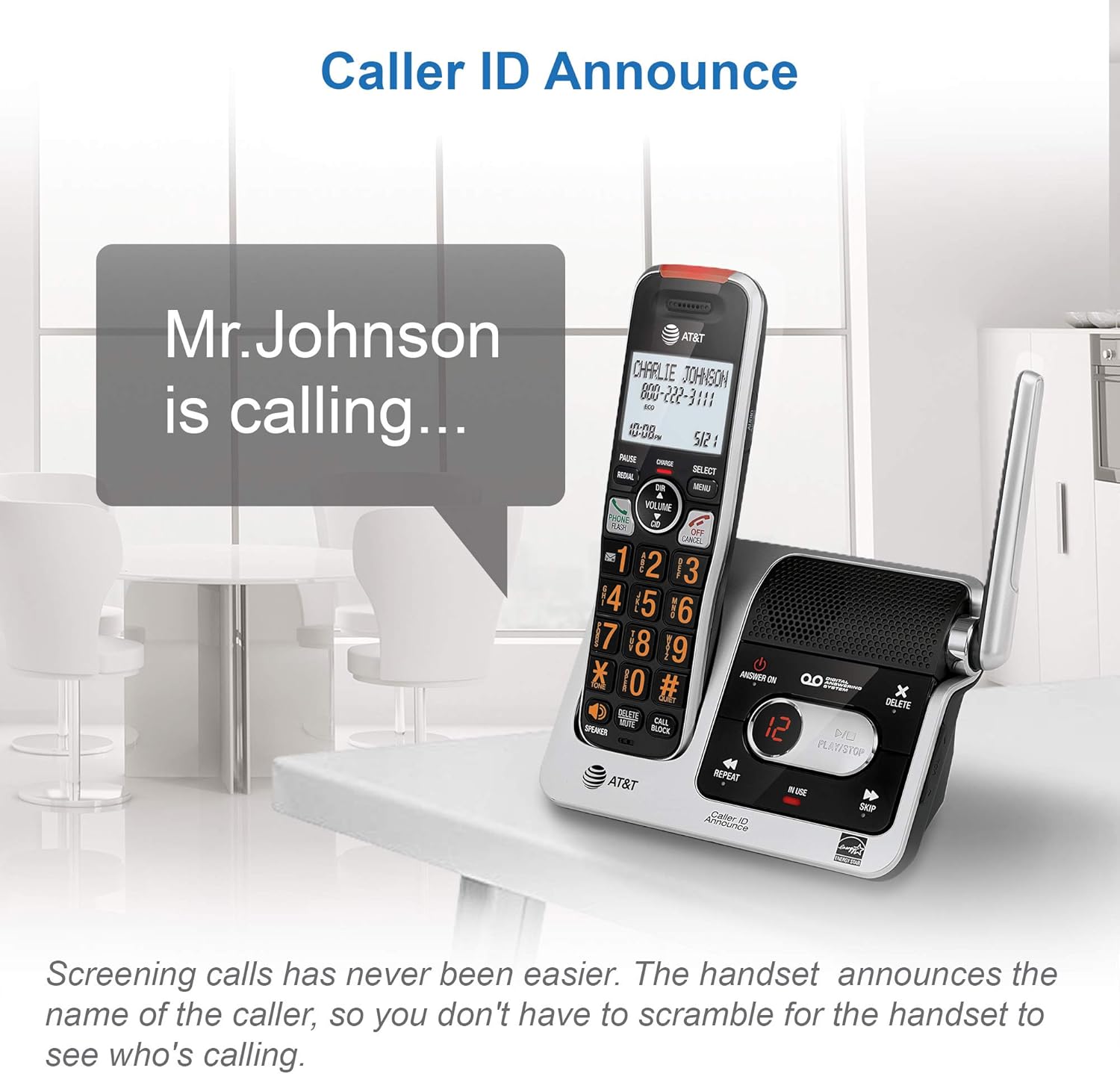 AT&T BL102-2 DECT 6.0 2-Handset Cordless Phone for Home with Answering Machine, Call Blocking, Caller ID Announcer, Audio Assist, Intercom, and Unsurpassed Range, Silver/Black