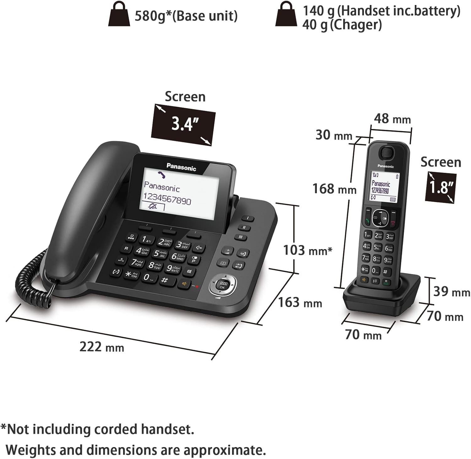 Panasonic Digital Corded/Cordless Phone with Call Blocking, 1 Corded Handset and 1 Cordless Handset - KX-TGF310UE1 (Black)