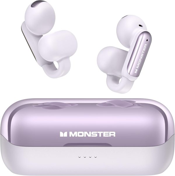 Monster Open AC601 Bluetooth Earbuds - Comfortable Clip-On Wireless Earbuds with Bluetooth 5.4, 32H Playtime Earbuds with ENC Clear Talk, IPX5 Waterproof & Touch Control for Any Occasion (Purple)