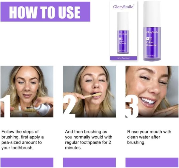 GlorySmile v34 Color Correcting Toothpaste 30ml, Teeth Whitening Purple Serum, Purple Toothpaste For Yellow Teeth, Teeth Correcting Whitening Gel, Remove Tea Coffee Wine Smoking Stains Oral Care