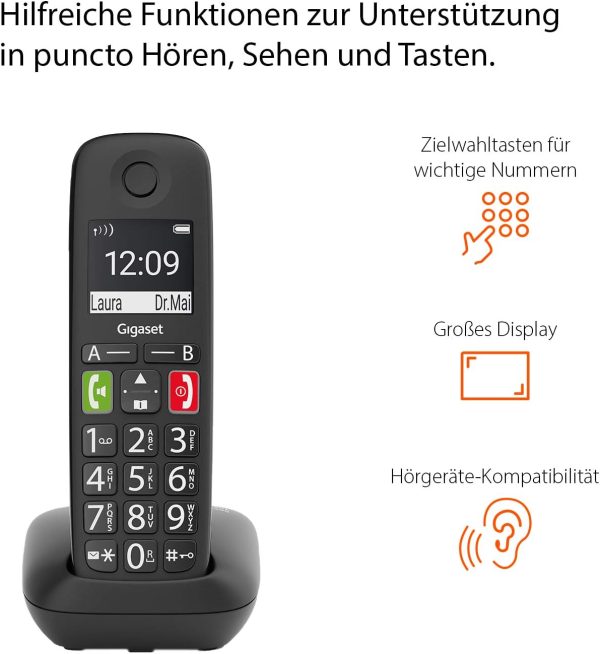 Gigaset E290 - Cordless Senior Phone Without Answering Machine with Large Buttons - Large Display, Target Dial Buttons for Important Numbers, Amplifier Function for Extra Loud Listening, Black