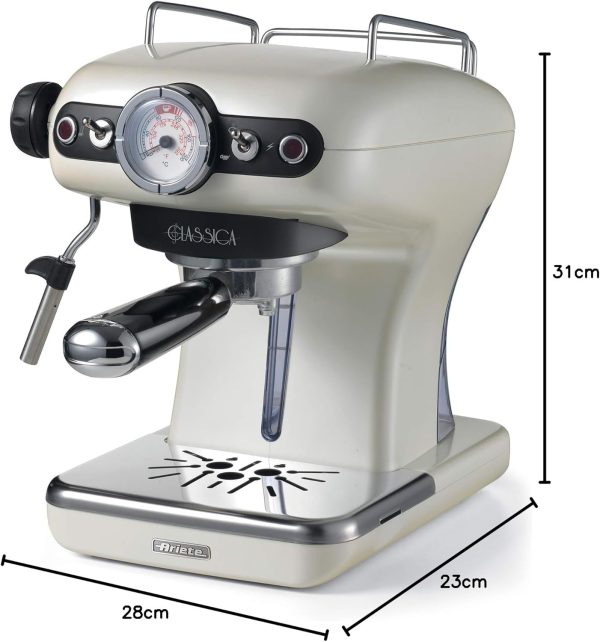 Ariete Classica Espresso Coffee Machine with Manometer and Milk Frother, Auto Shut-off, Cappuccino Maker, Ground Coffee and ESE Pod Compatible, 850W, 15 Bar, for Home and Office - Pearl ART1389PE