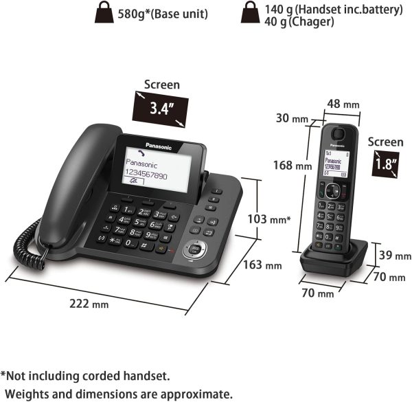 Panasonic Digital Corded/Cordless Phone with Call Blocking, 1 Corded Handset and 1 Cordless Handset - KX-TGF310UE1 (Black)