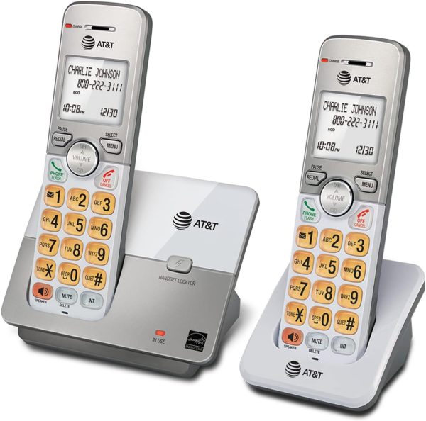 AT&T Cordless Phone, 2 Handsets - Silver, Landline Telephone with DECT 6.0, Full-Duplex Speakerphone, Caller ID/Call Waiting, ECO mode, Backlit Screen & Keypad