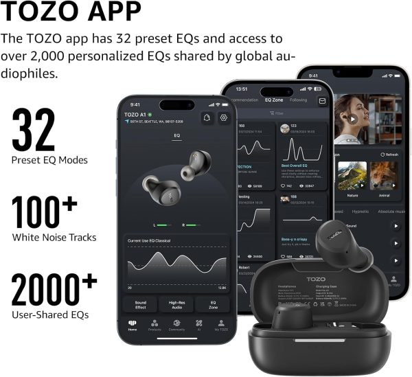 TOZO A1 Wireless Bluetooth Headphones, Lightweight Bluetooth 5.3 Headphones, IPX5 Wireless Bluetooth Headset with High Fidelity Sound, Charging Case, Touch Control Black