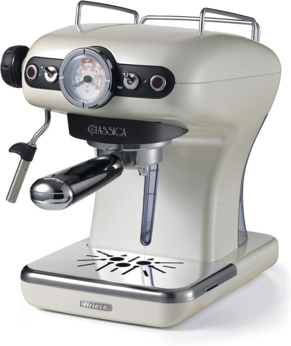 Ariete Classica Espresso Coffee Machine with Manometer and Milk Frother, Auto Shut-off, Cappuccino Maker, Ground Coffee and ESE Pod Compatible, 850W, 15 Bar, for Home and Office - Pearl ART1389PE