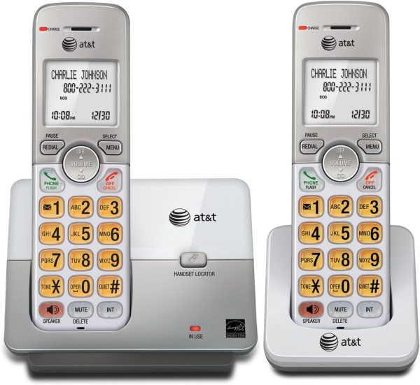 AT&T Cordless Phone, 2 Handsets - Silver, Landline Telephone with DECT 6.0, Full-Duplex Speakerphone, Caller ID/Call Waiting, ECO mode, Backlit Screen & Keypad