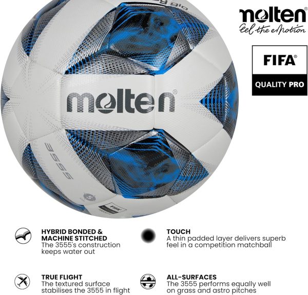 Molten Vantaggio 3555 Hybrid Bonded Football | FIFA Quality Pro Match Ball | Durable Textured PU Leather | Size 5 - For Boys and Girls Aged 14 plus & Adults | Hi-Vis Blue Flame Design