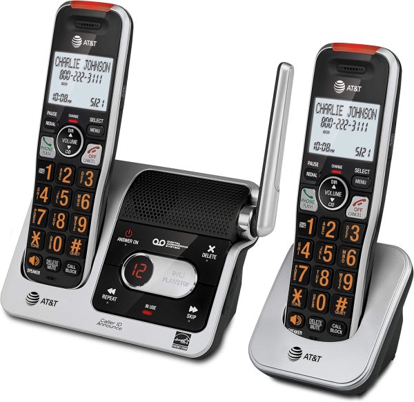 AT&T BL102-2 DECT 6.0 2-Handset Cordless Phone for Home with Answering Machine, Call Blocking, Caller ID Announcer, Audio Assist, Intercom, and Unsurpassed Range, Silver/Black