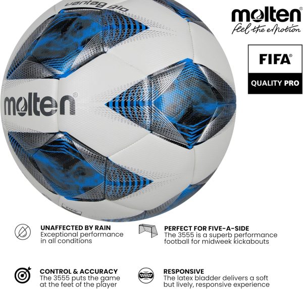 Molten Vantaggio 3555 Hybrid Bonded Football | FIFA Quality Pro Match Ball | Durable Textured PU Leather | Size 5 - For Boys and Girls Aged 14 plus & Adults | Hi-Vis Blue Flame Design