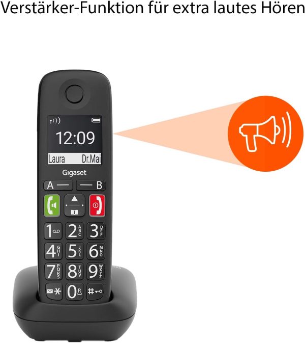Gigaset E290 - Cordless Senior Phone Without Answering Machine with Large Buttons - Large Display, Target Dial Buttons for Important Numbers, Amplifier Function for Extra Loud Listening, Black