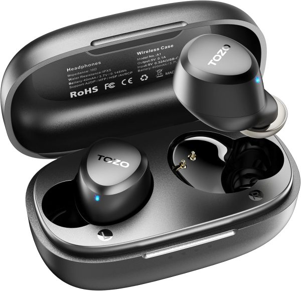 TOZO A1 Wireless Bluetooth Headphones, Lightweight Bluetooth 5.3 Headphones, IPX5 Wireless Bluetooth Headset with High Fidelity Sound, Charging Case, Touch Control Black