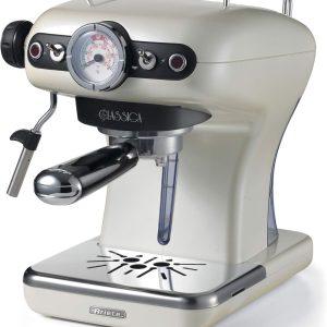 Ariete Classica Espresso Coffee Machine with Manometer and Milk Frother, Auto Shut-off, Cappuccino Maker, Ground Coffee and ESE Pod Compatible, 850W, 15 Bar, for Home and Office - Pearl ART1389PE