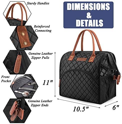LOKASS Lunch Bag Insulated Lunch Box Wide-Open Lunch Tote Bag Large Drinks Holder Durable Nylon Thermal Snacks Organizer for Women Men Adults Work Picnic Hiking Beach Fishing,Black-Square