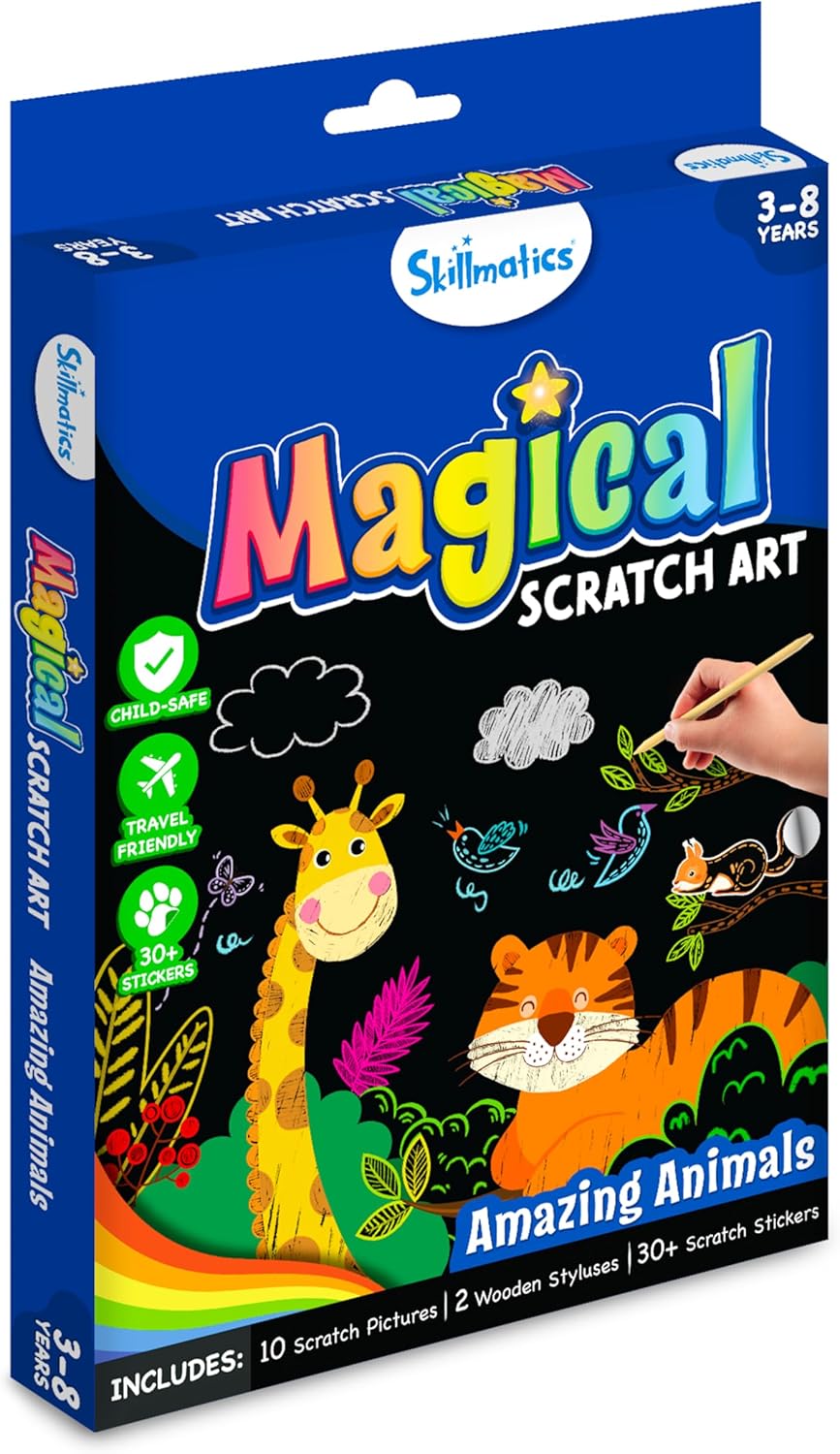 Skillmatics Scratch Art Book for Kids - Animals, Craft Kits & Supplies, 30+ Scratch Stickers, Travel Toys, DIY Kit, Gifts for Boys & Girls Ages 3, 4, 5, 6, 7, 8