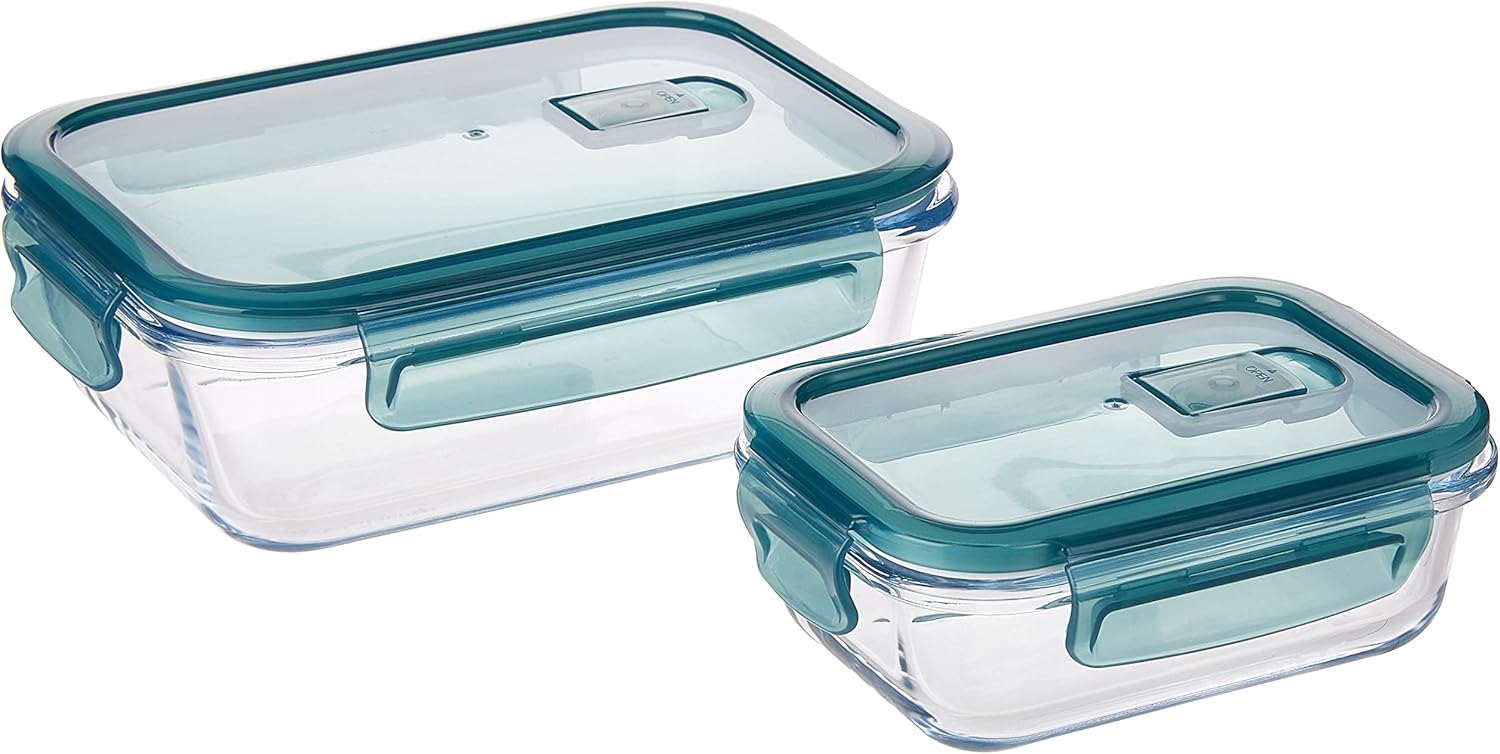 Royalford 2 Pcs Glass Airtight Food Storage Container RF9984 with Lid 1040ml & 370ml, Rectangle, Freezer & Dishwasher Safe