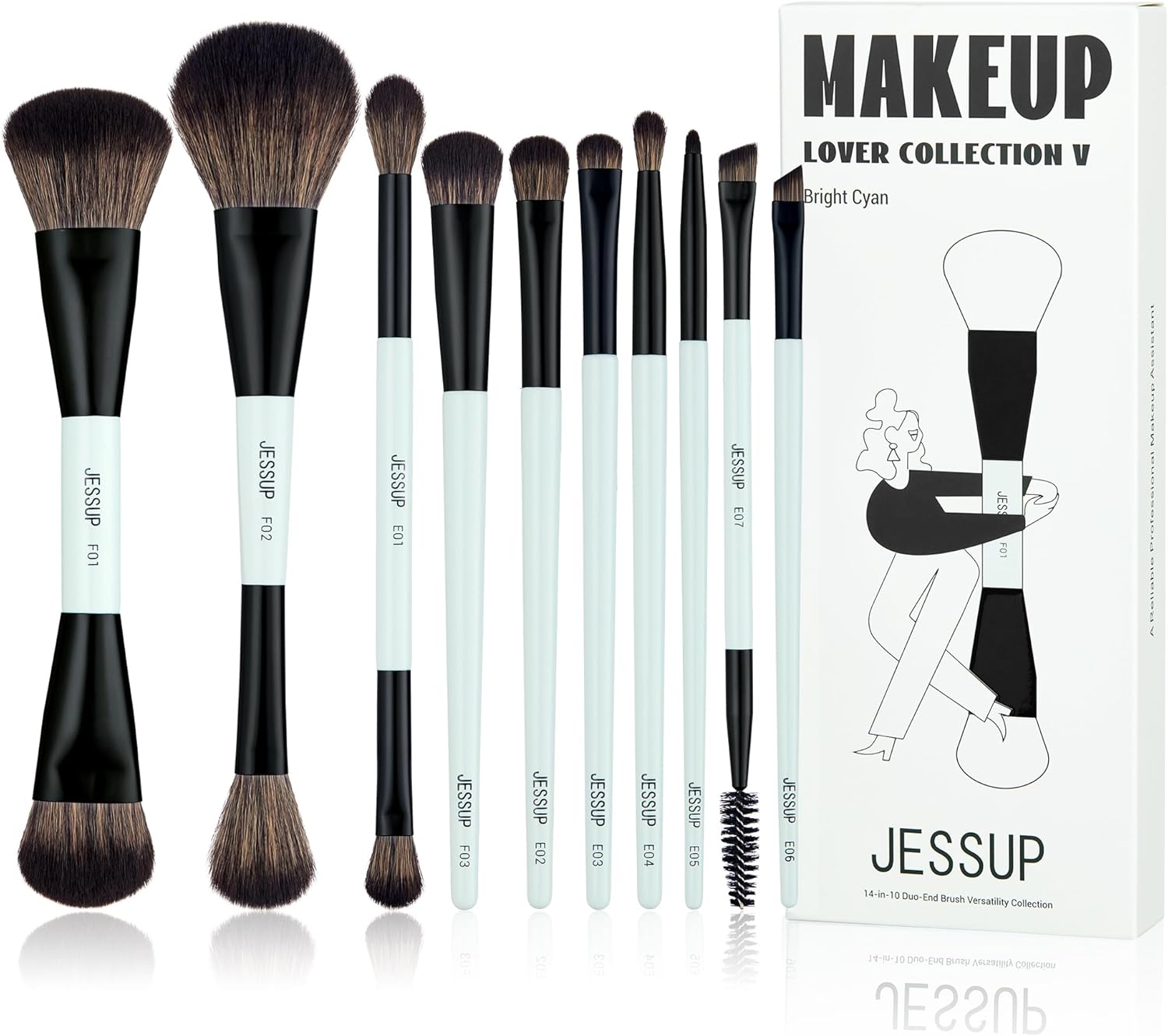 Jessup Makeup Brushes Set 10pcs, Double Sided Foundation Contour Blush Highlight Blending Eyebrow Brush Eyeshadow Eyeliner Concealer Brush, Bright Cyan Cruelty Free Cosmetic Tools T500 Jessup Makeup Brushes Set 10pcs, Double Sided Foundation Contour Blush Highlight Blending Eyebrow Brush Eyeshadow Eyeliner Concealer Brush, Bright Cyan Cruelty Free Cosmetic Tools T500