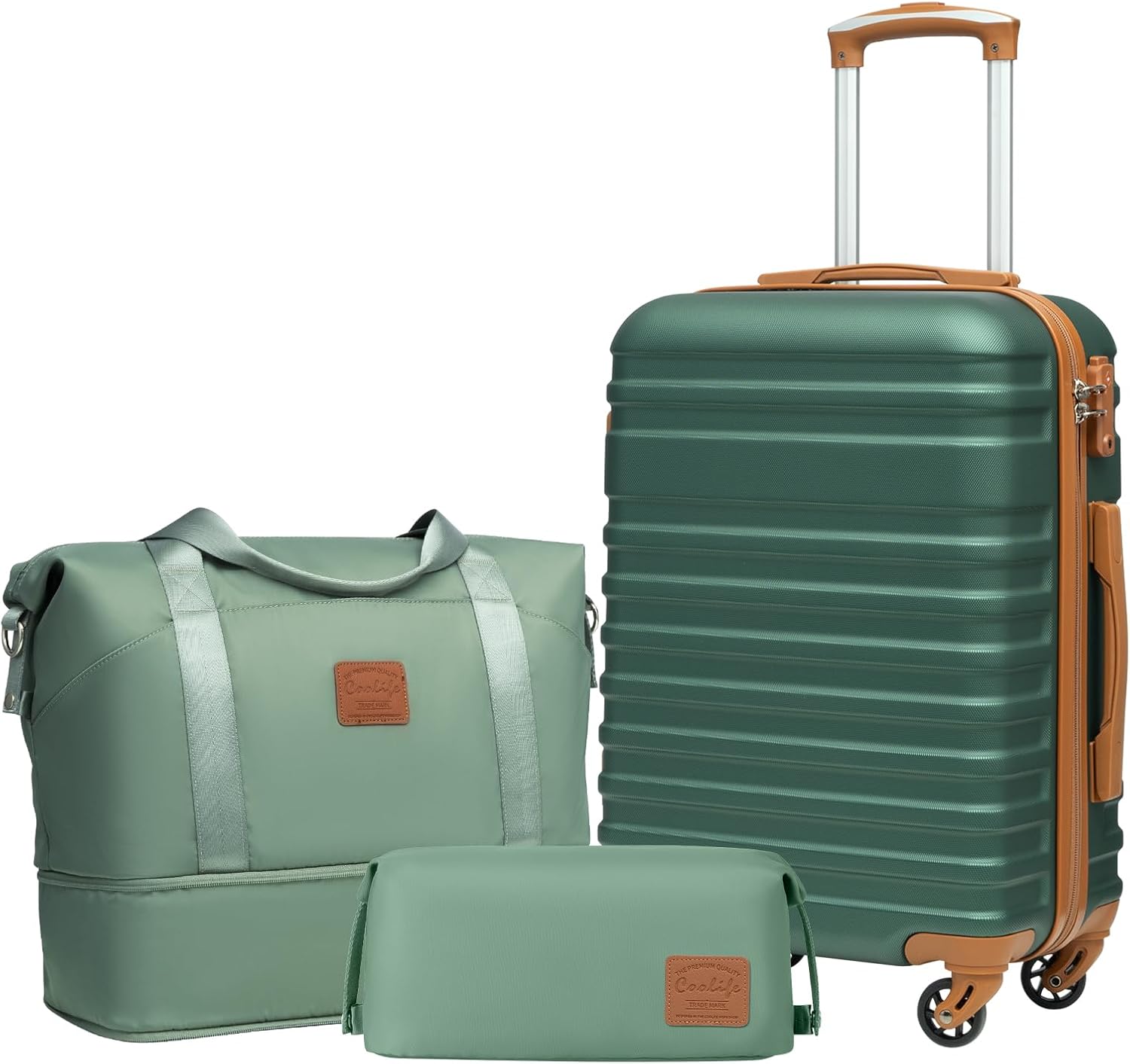 COOLIFE Suitcase Trolley Carry On Hand Cabin Luggage Hard Shell Travel Bag Lightweight,The Suitcase Included 1pcs Travel Bag and 1pcs Toiletry Bag (Dark green/Brown, 20 Inch Luggage Set)