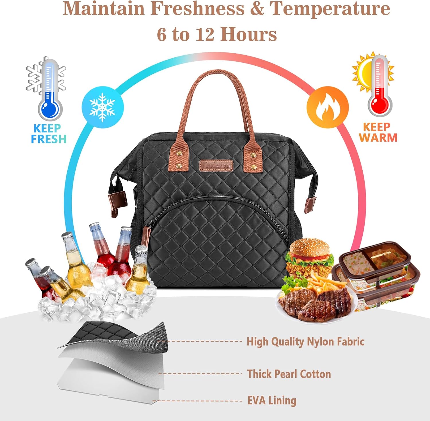 LOKASS Lunch Bag Insulated Lunch Box Wide-Open Lunch Tote Bag Large Drinks Holder Durable Nylon Thermal Snacks Organizer for Women Men Adults Work Picnic Hiking Beach Fishing,Black-Square