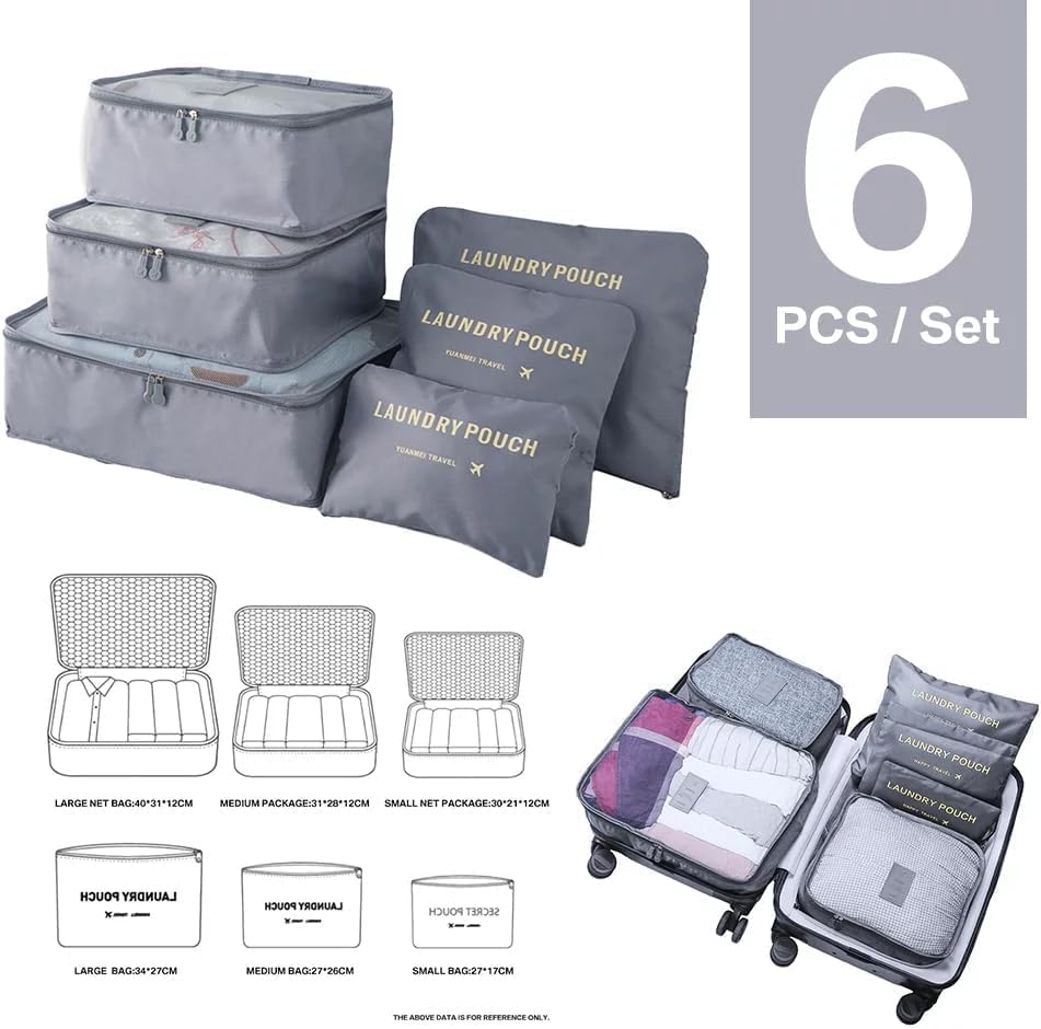 Generic Six-Piece Pouch Travel Luggage Organiser Set, Grey