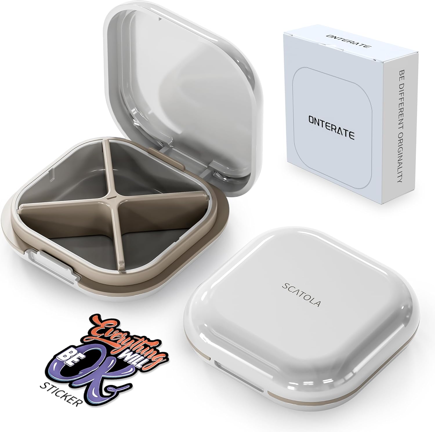 ONTERATE Small Pill Case, Travel Pill Box, Portable Pill Organizer, Pill Container for Pocket 4 Compartments, Daily Compact Travel Medicine Holder for Vitamins Medication (Grey)