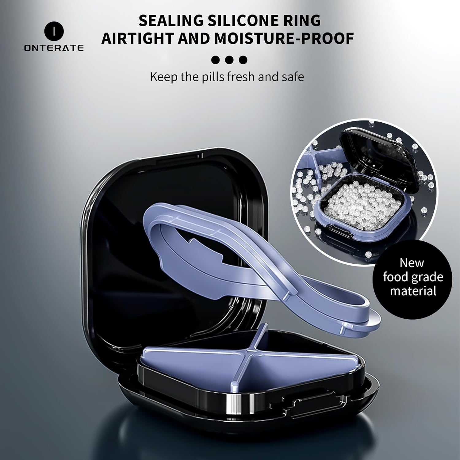 ONTERATE Small Pill Case, Travel Pill Box, Portable Pill Organizer, Pill Container for Pocket 4 Compartments, Daily Compact Travel Medicine Holder for Vitamins Medication (Grey)