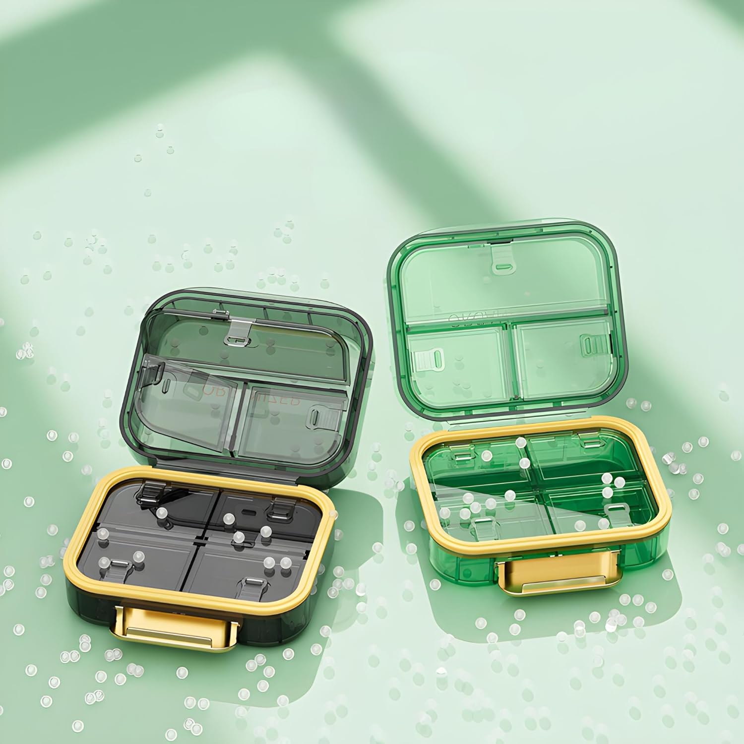 NALACAL 7 Compartments Portable Travel Pill Organizer, Moisture Proof Case for Purse, Small Container, Pocket Pharmacy, Medicine Vitamin Box, Fish Oil and Supplement Storage (Green)