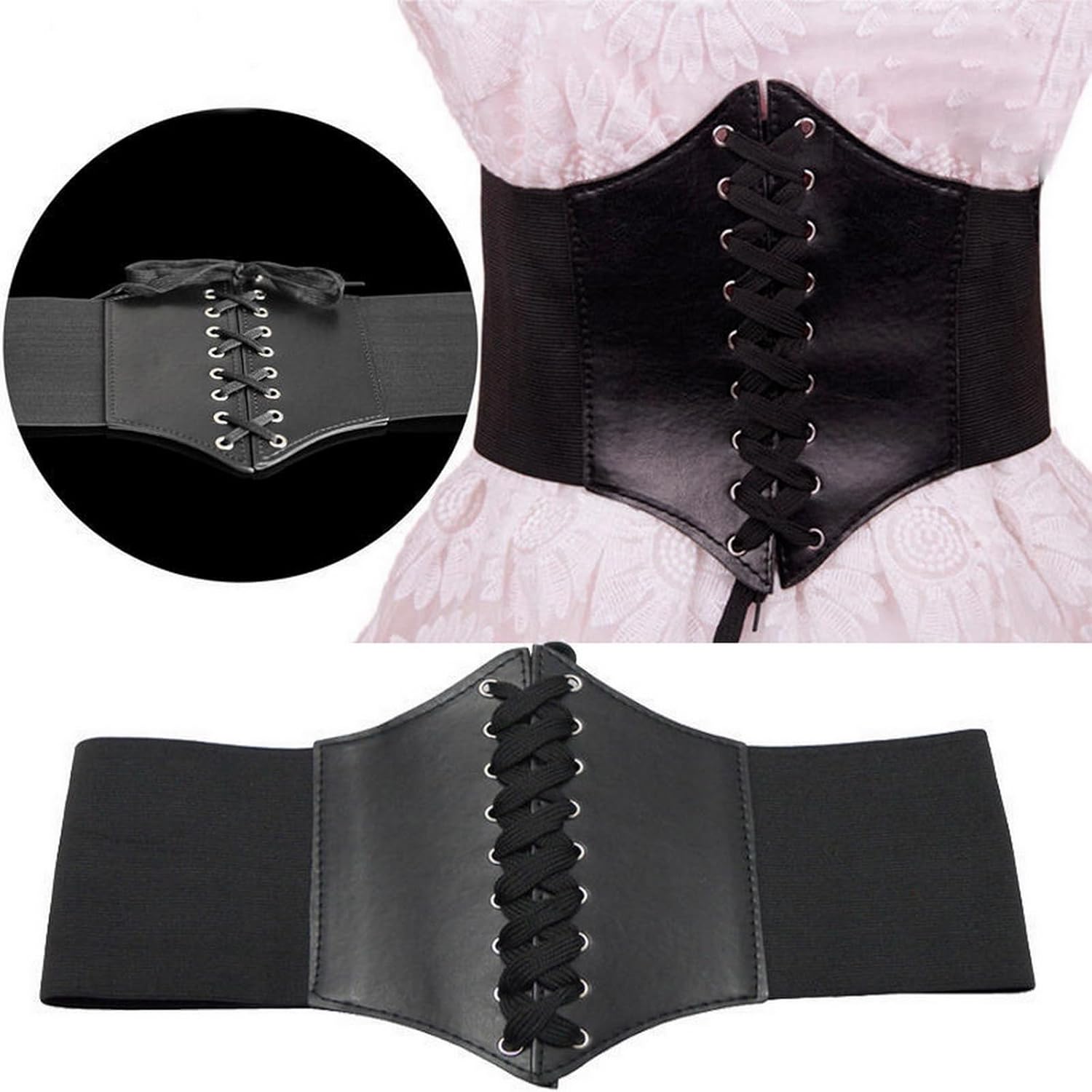 Waist Cincher Corset Band Elastic Tied Waspie Belt PU Leather Soft Adjustable Black, One Size