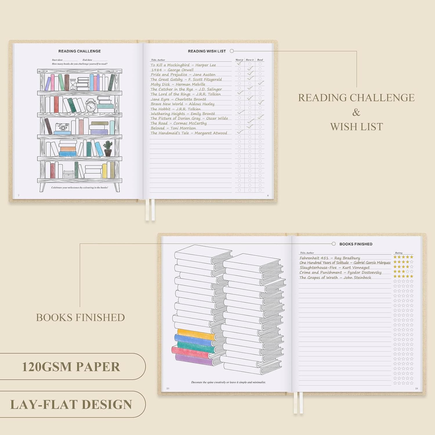 Lanpn Reading Diary & Book Journal, Linen Reading Journal Diary for Adults Book Lovers Book Club Themes Reading Notebook Bullet Journal Tracker for Collecting and Organising Your Books (Beige)